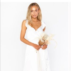 Show me your mumu Samantha Ruffle Wrap Dress. NWT. Ivory Luxe Satin. Size Small.